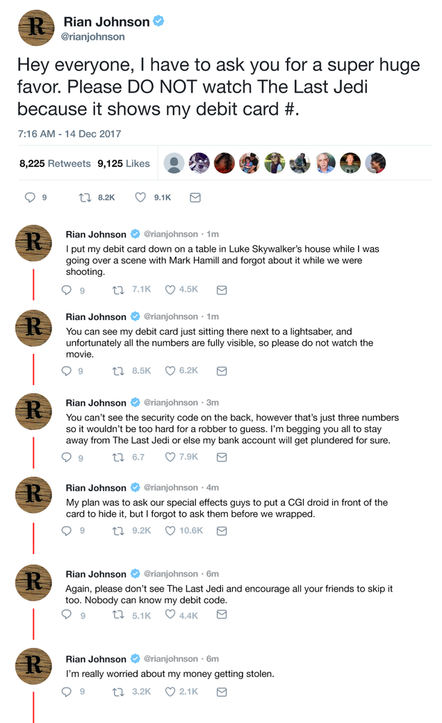 Illustration for article titled Twitter Meltdown: Rian Johnson Is Pleading With Fans Not To Watch ‘Star Wars: The Last Jedi’ Because It Contains A Shot Of His Debit Card That He Forgot To Edit Out
